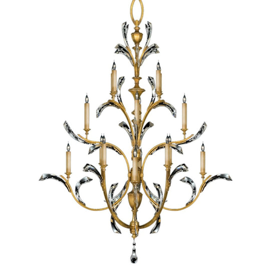 Fine Art Handcrafted Lighting Beveled Arcs Gold Sixteen-Light Three-Tier Beveled Crystal Chandelier