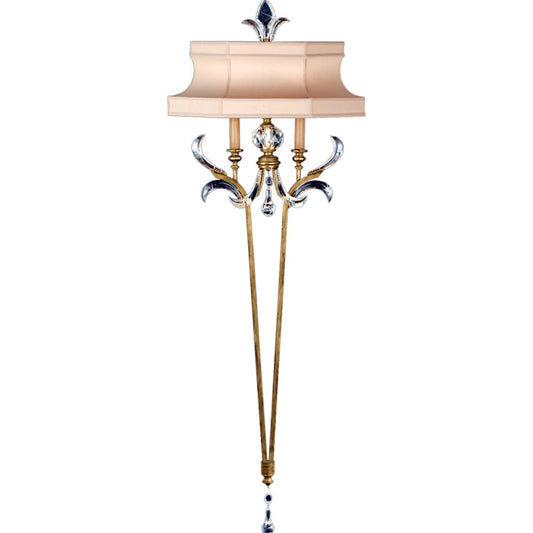 Fine Art Handcrafted Lighting Beveled Arcs Gold Two-Light Beveled Crystal Wall Sconce with Laminated Silk Shantung Shade