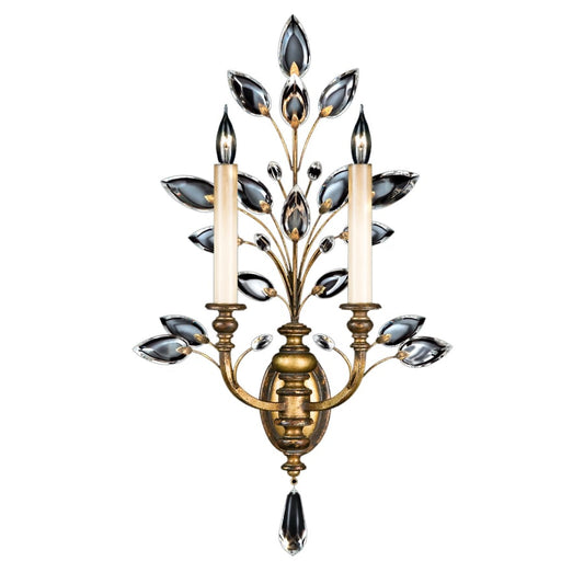 Fine Art Handcrafted Lighting Crystal Laurel Gold Two-Light Wall Sconce with Bold-Cut Stylized Crystal Leaves