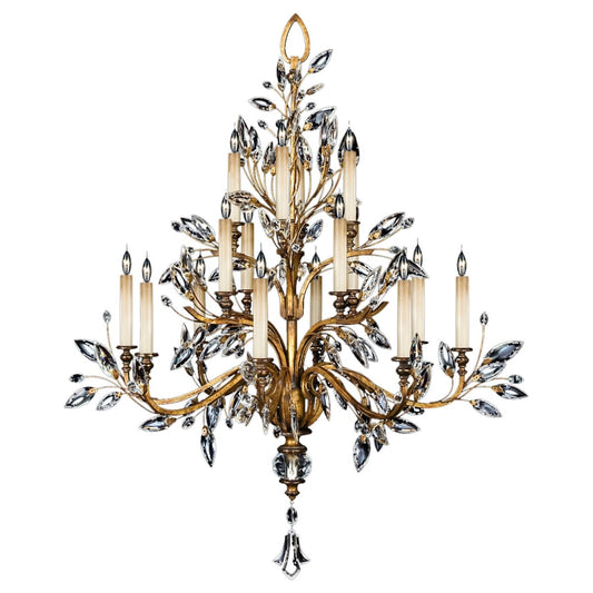 Fine Art Handcrafted Lighting Crystal Laurel Gold Sixteen-Light Three-Tier Chandelier with Bold-Cut Stylized Crystal Leaves
