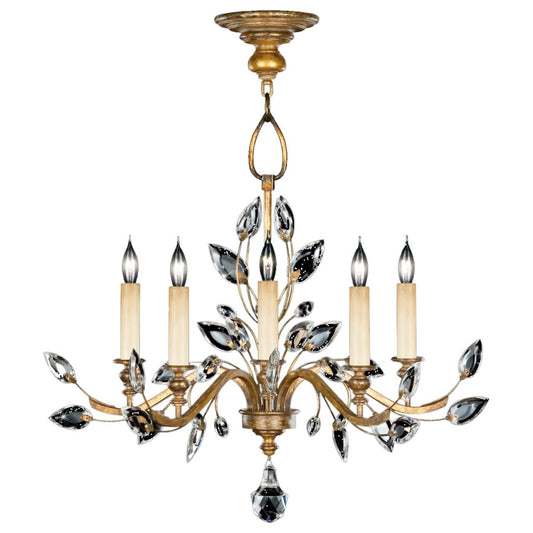 Fine Art Handcrafted Lighting Crystal Laurel Gold Five-Light Single-Tier Chandelier with Bold-Cut Stylized Crystal Leaves