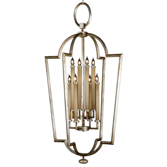 Fine Art Handcrafted Lighting Allegretto Silver Eight-Light Foyer Pendant with White Textured Linen Shade