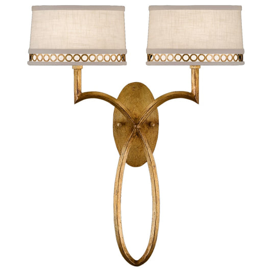 Fine Art Handcrafted Lighting Allegretto Gold Two-Light Wall Sconce with White Textured Linen Shades