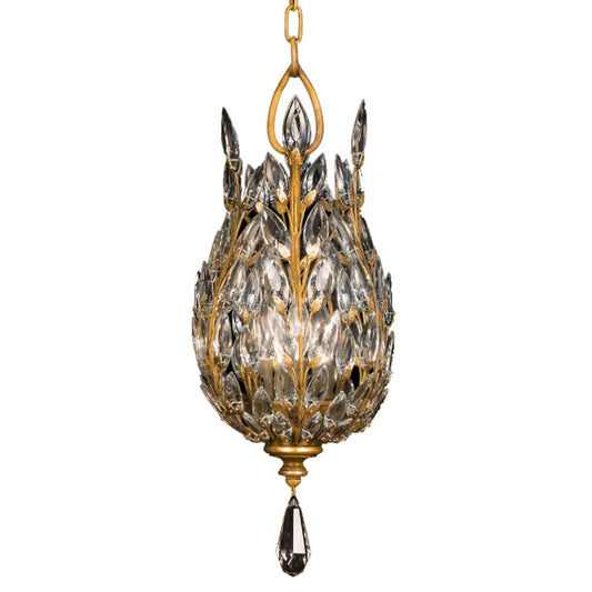 Fine Art Handcrafted Lighting Crystal Laurel Gold Three-Light Foyer Pendant with Bold-Cut Stylized Crystal Leaves