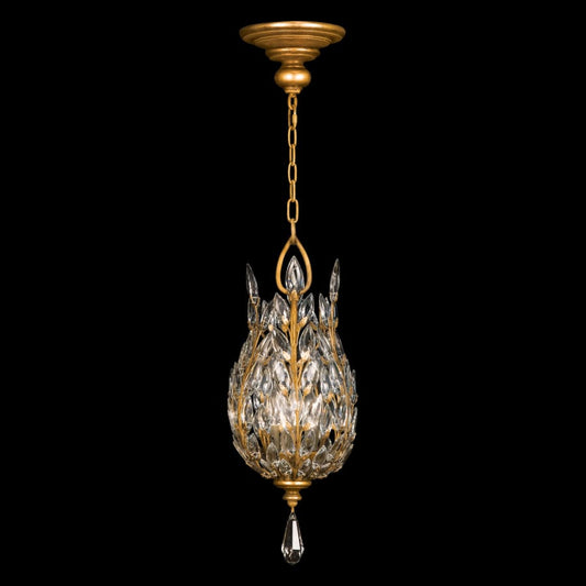 Fine Art Handcrafted Lighting Crystal Laurel Gold Three-Light Foyer Pendant with Bold-Cut Stylized Crystal Leaves