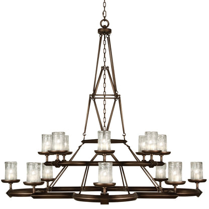 Fine Art Handcrafted Lighting Liaison Sixteen-Light Foyer Pendant with Bold Metal Accents and Hand-Blown Glass Shades