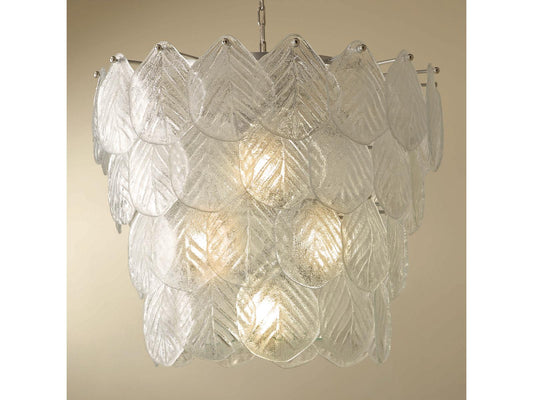 Global Views 6-Light Murano Leaf Chandelier in Polished Nickel and White Glass