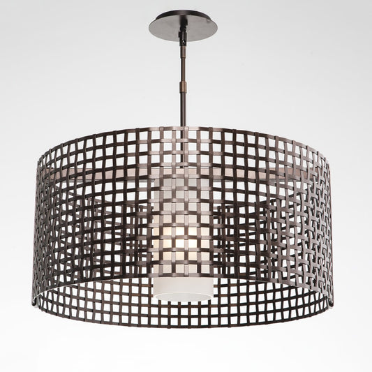 Hammerton Studio Tweed Single Light 25" Wide Drum Chandelier - Medium (E26) with Frosted Glass Inner and Finished to Match Metal Outer Shade