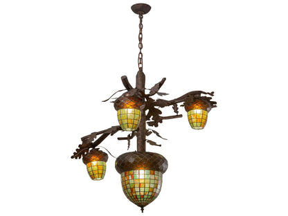 Meyda Acorn 3-Light Tiffany Bell Chandelier in Ruby Amber Green Glass with Rococco Finish