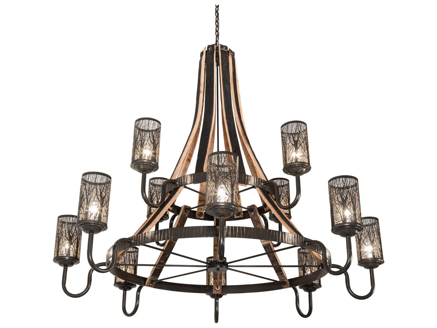Meyda Barrel Stave 12-Light Natural Wood Timeless Bronze Cylinder Tiered Chandelier