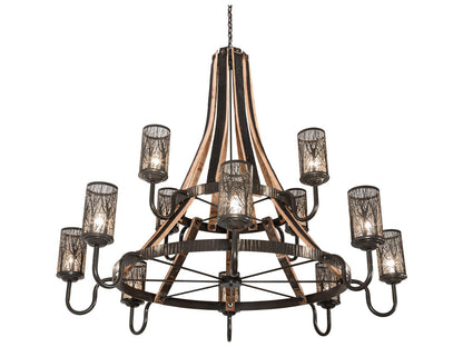 Meyda Barrel Stave 12-Light Natural Wood Timeless Bronze Cylinder Tiered Chandelier