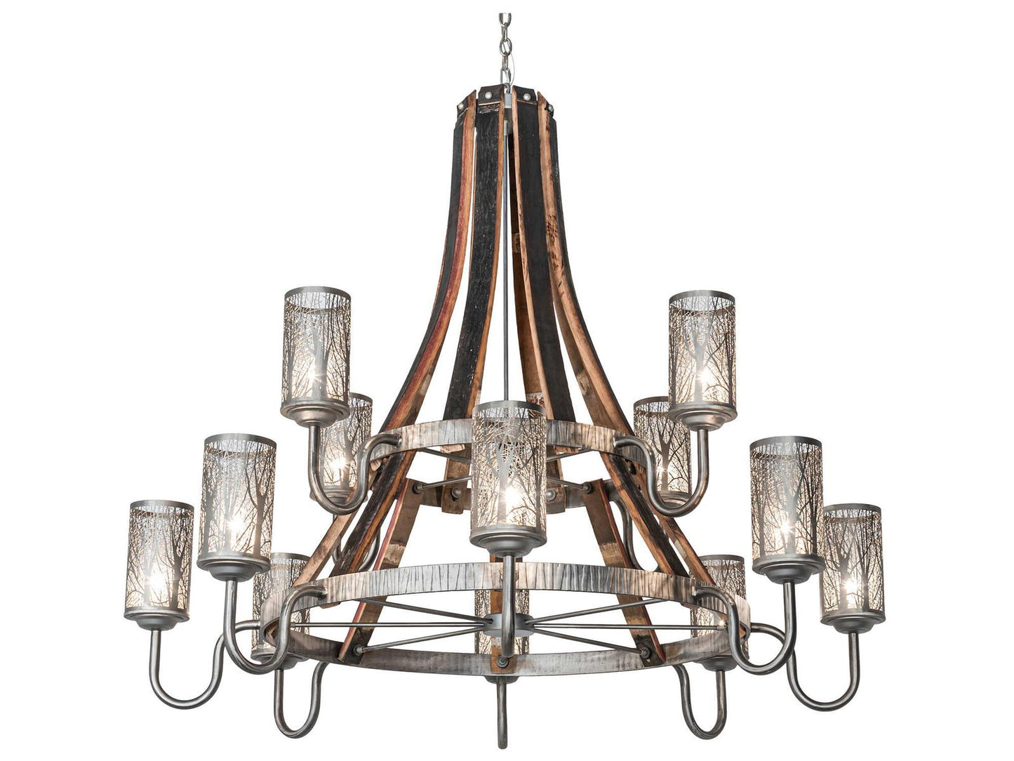 Meyda 12-Light Barrel Stave Chandelier Industrial Steel and Natural Wood