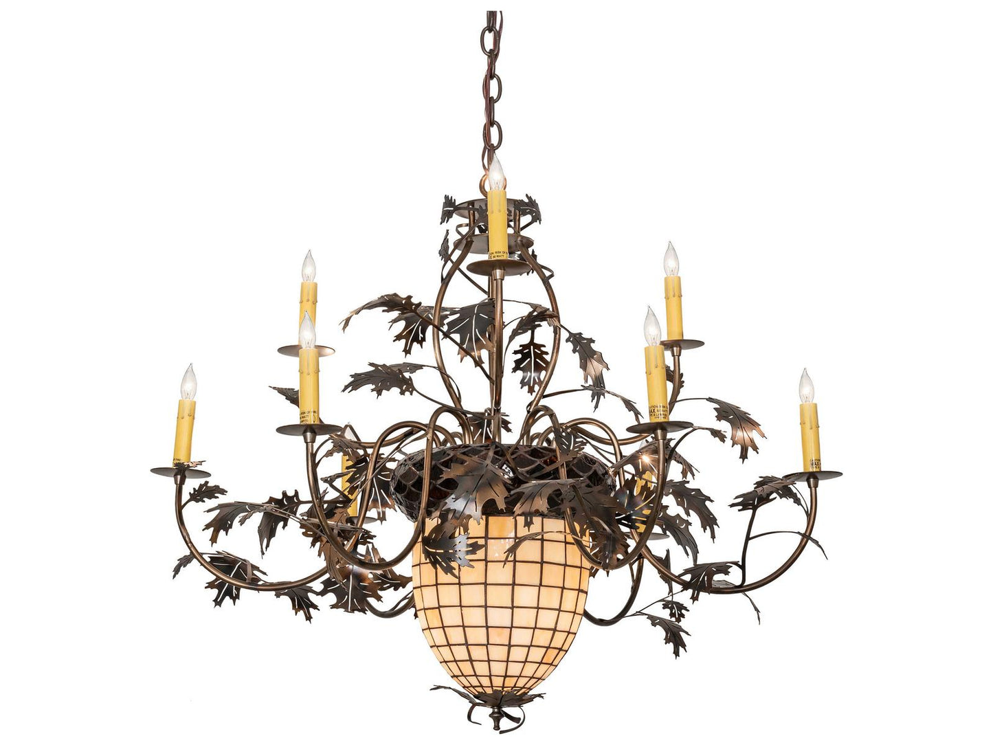 Meyda Greenbriar Oak 11-Light Stained Glass Bell Candelabra Chandelier in Antique Copper