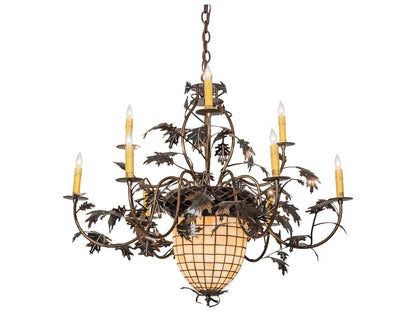 Meyda Greenbriar Oak 11-Light Stained Glass Bell Candelabra Chandelier in Antique Copper