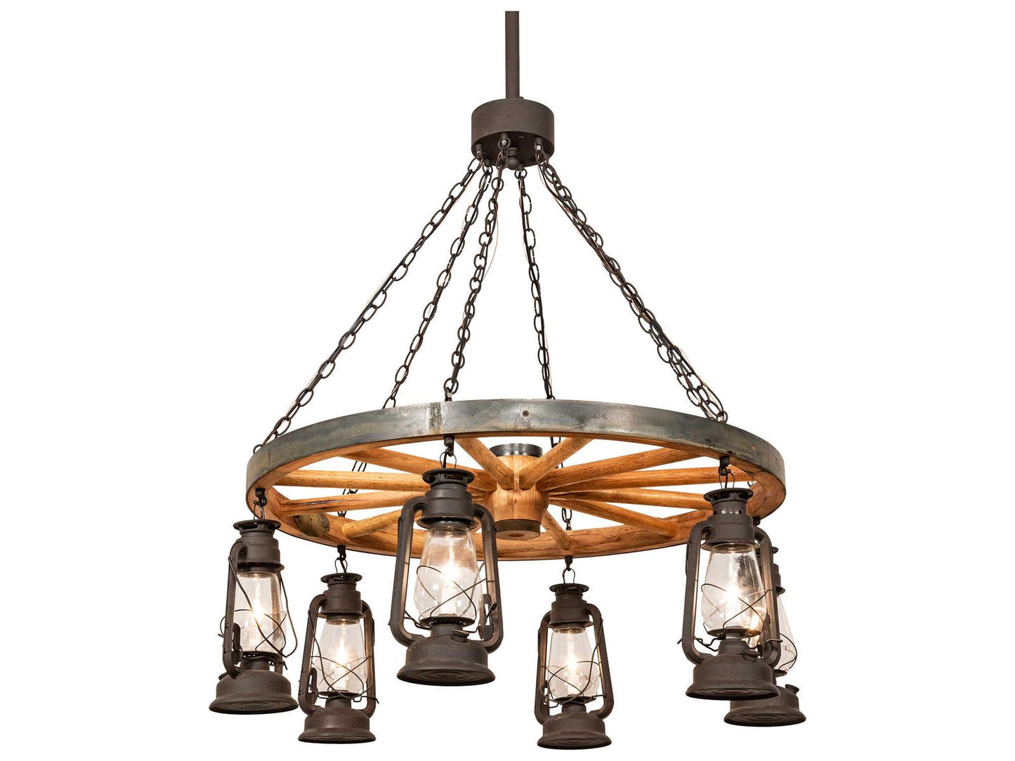 Meyda Miners Lantern 6-Light Wagon Wheel Chandelier in Dark Roast Brown with Clear Glass