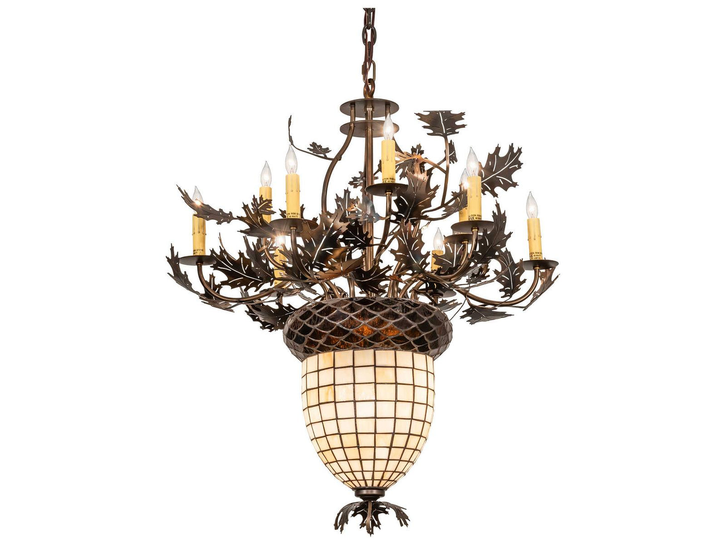 Meyda Oak Leaf & Acorn 11-Light Candelabra Chandelier Antique Copper Glass