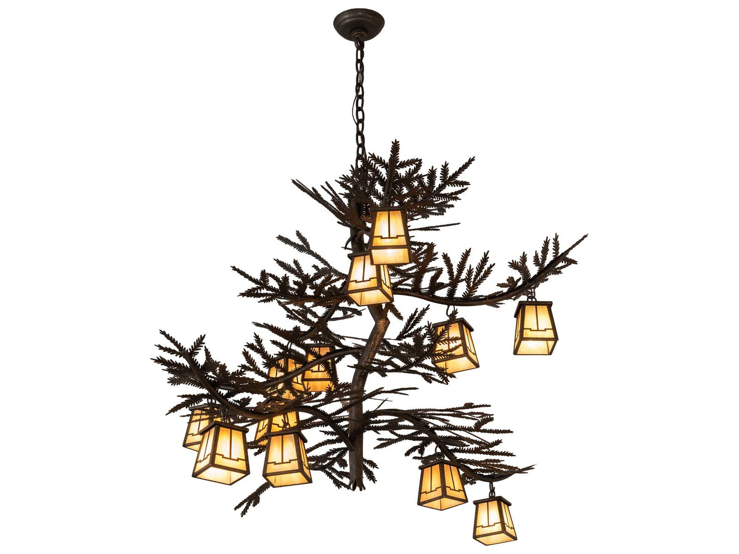 Meyda 12-Light Pine Branch Valley View Chandelier in Gilded Tobacco with Beige Glass