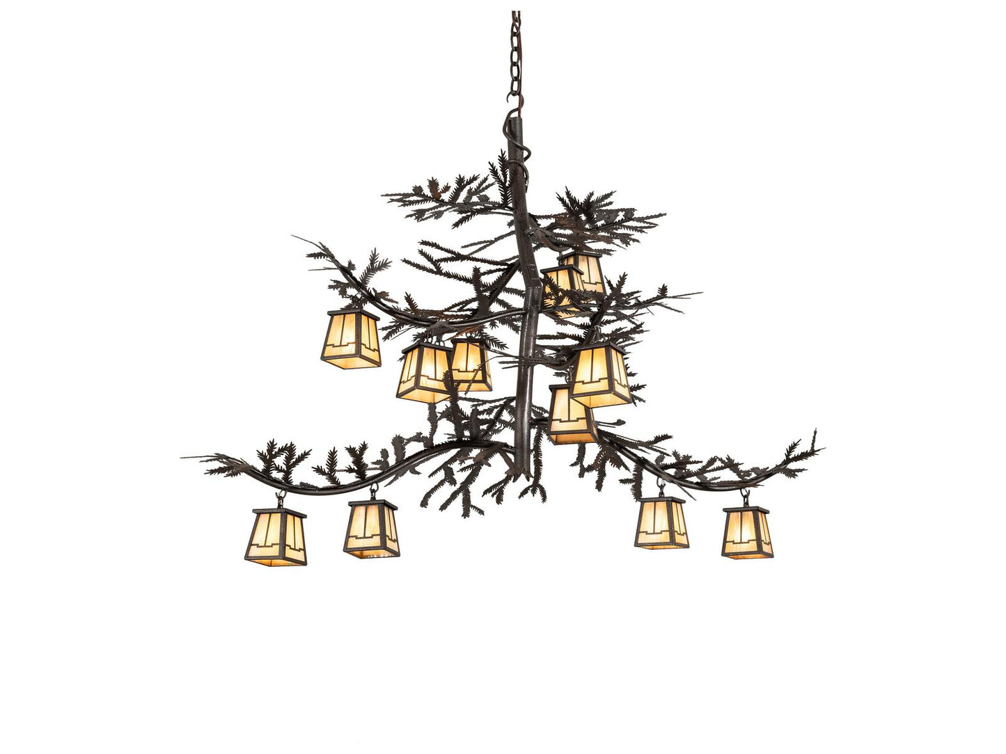 Meyda Pine Branch 12-Light Chandelier with Rust Copper Finish and Beige Iridescent Glass