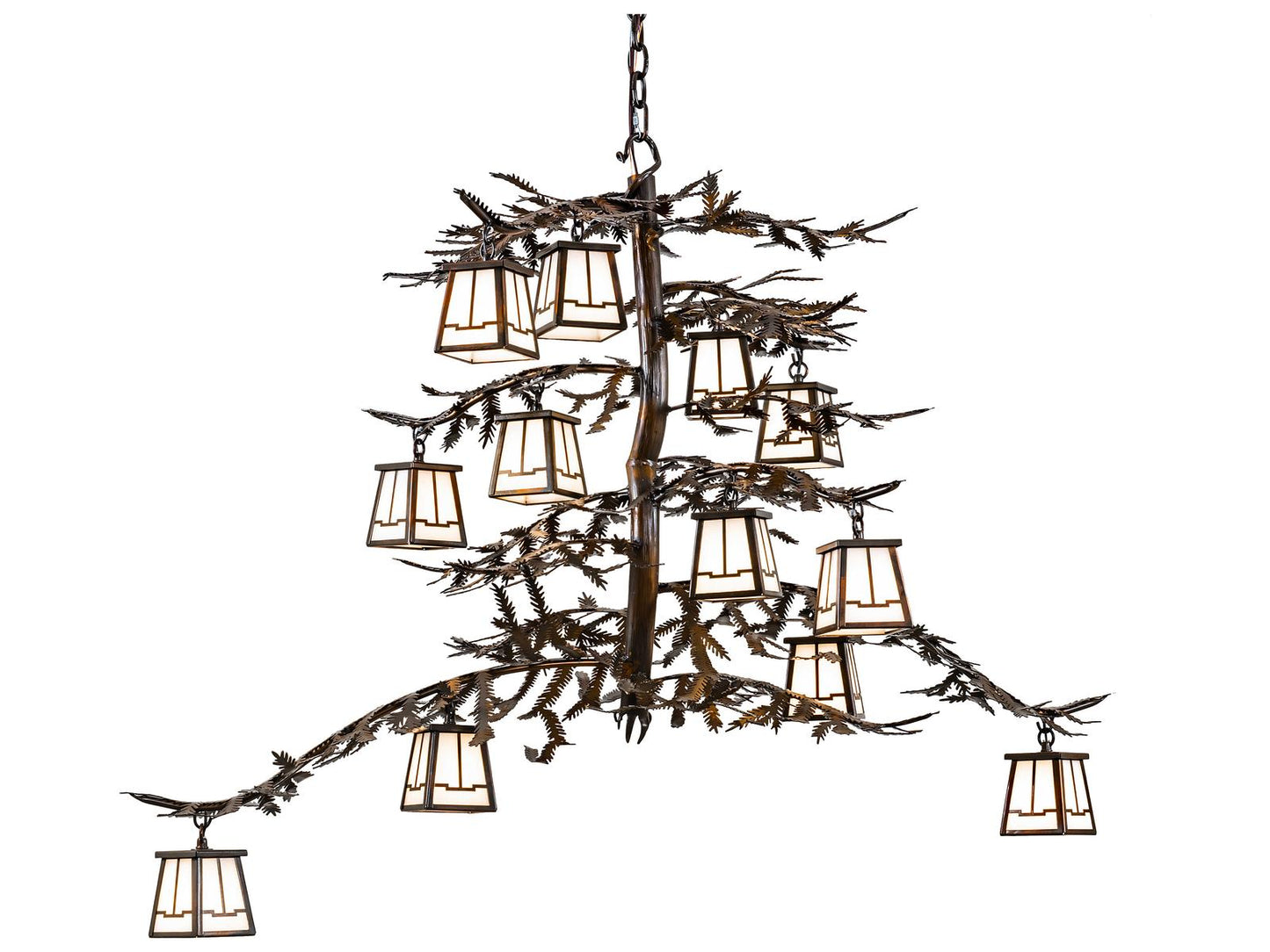 Meyda Pine Branch 12-Light Vintage Copper Linear Chandelier with White Opal Glass