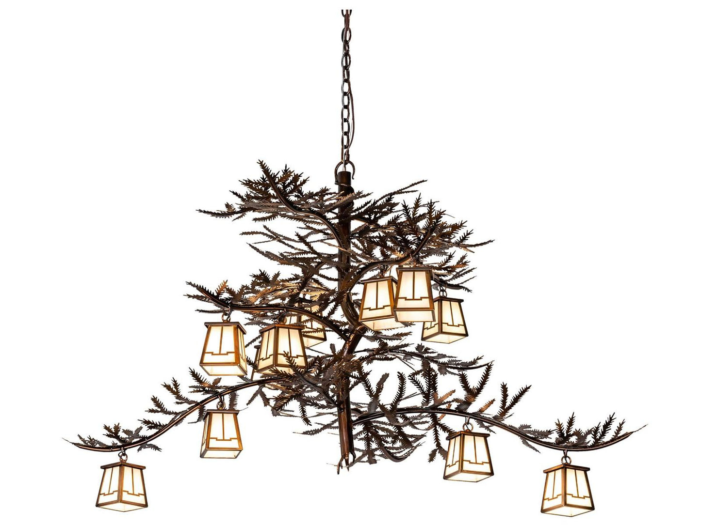 Meyda Pine Branch 12-Light Chandelier in Vintage Copper with White Opal Glass
