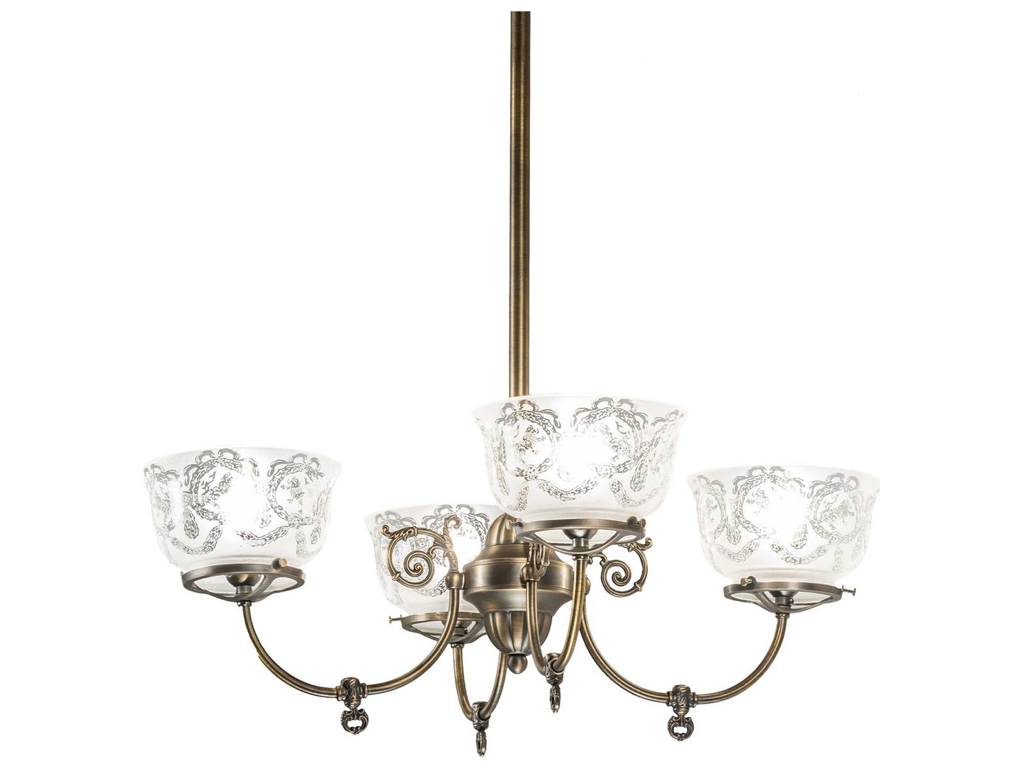 Meyda Revival Gas And Electric 4-Light Antique Brass Chandelier with Glass Bell Shades