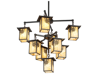 Meyda Seneca Winter Pine 9-Light Craftsman Brown Chandelier with Beige Art Glass