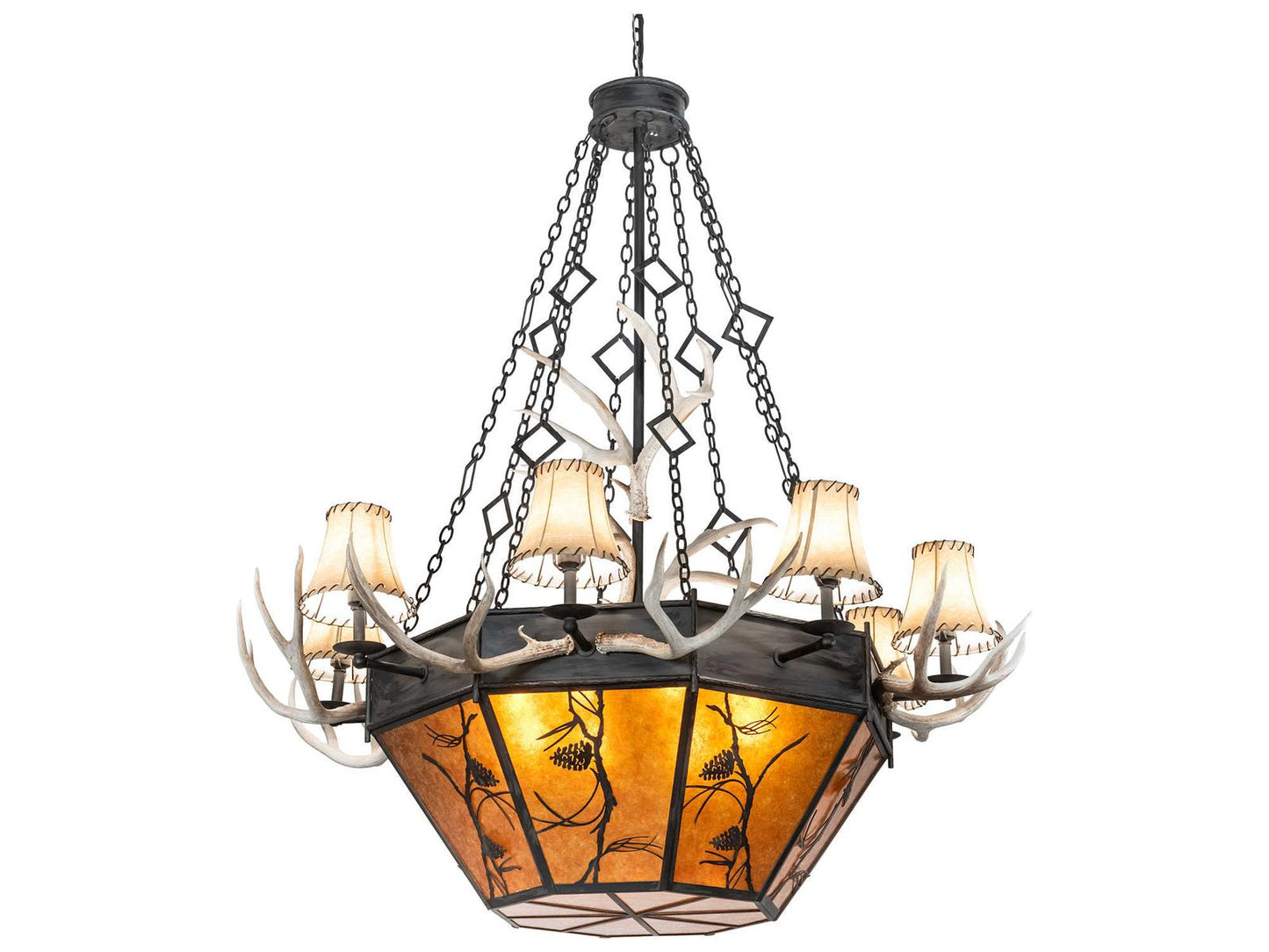Meyda Whispering Pines 16-Light Rustic Antler Chandelier in Costello Black with Amber Mica