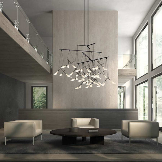 Sonneman Suspenders 48" 4-Tier Tri-Bar Chandelier with 9" Calla Luminaires and 18" Calla Luminaires